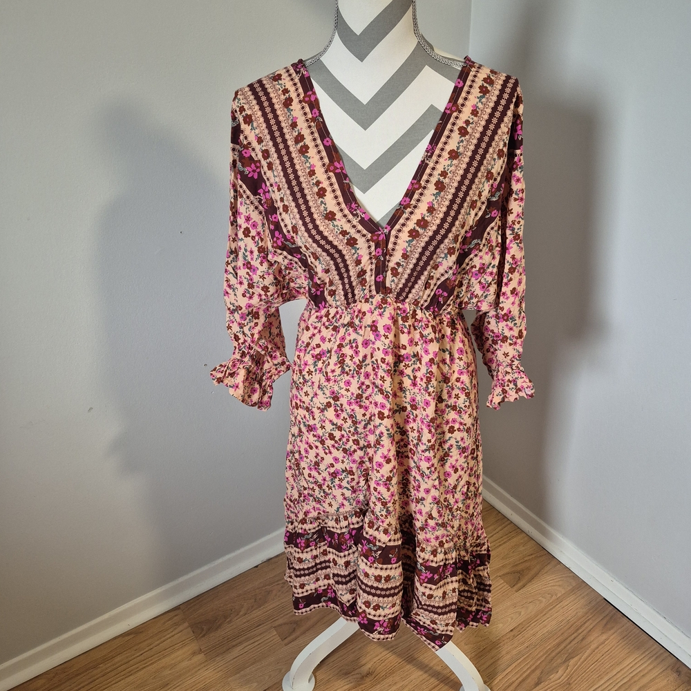 Umgee Pink and Brown Long Sleeve Dress